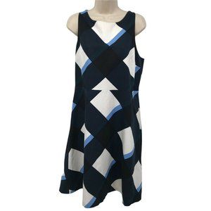 Ann Taylor Womens Linen Blend Sleeveless Geo Print Navy Fit & Flare Dress Sz 12
